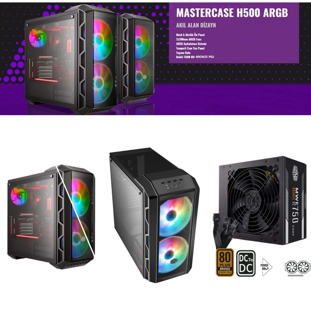 COOLER MASTER MASTERCASE H500 750W 80+BRONZE USB3.2 3xFAN PENCERE ATX SİYAH KASA