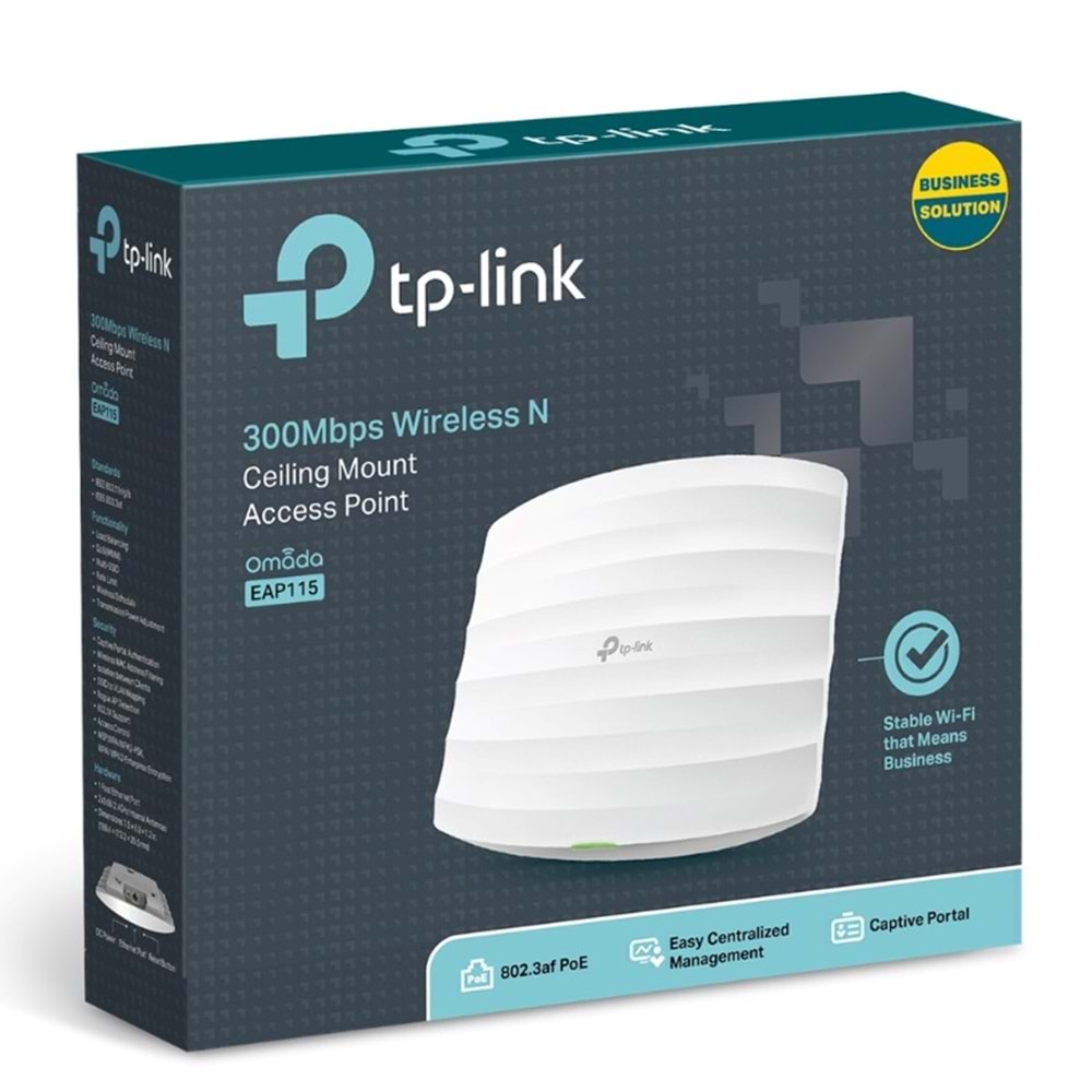 TP-LINK OMADA EAP115 1 PORT 300MBPS 2.4GHZ 2x3dBI TAVAN TIPI POE ACCESS POINT