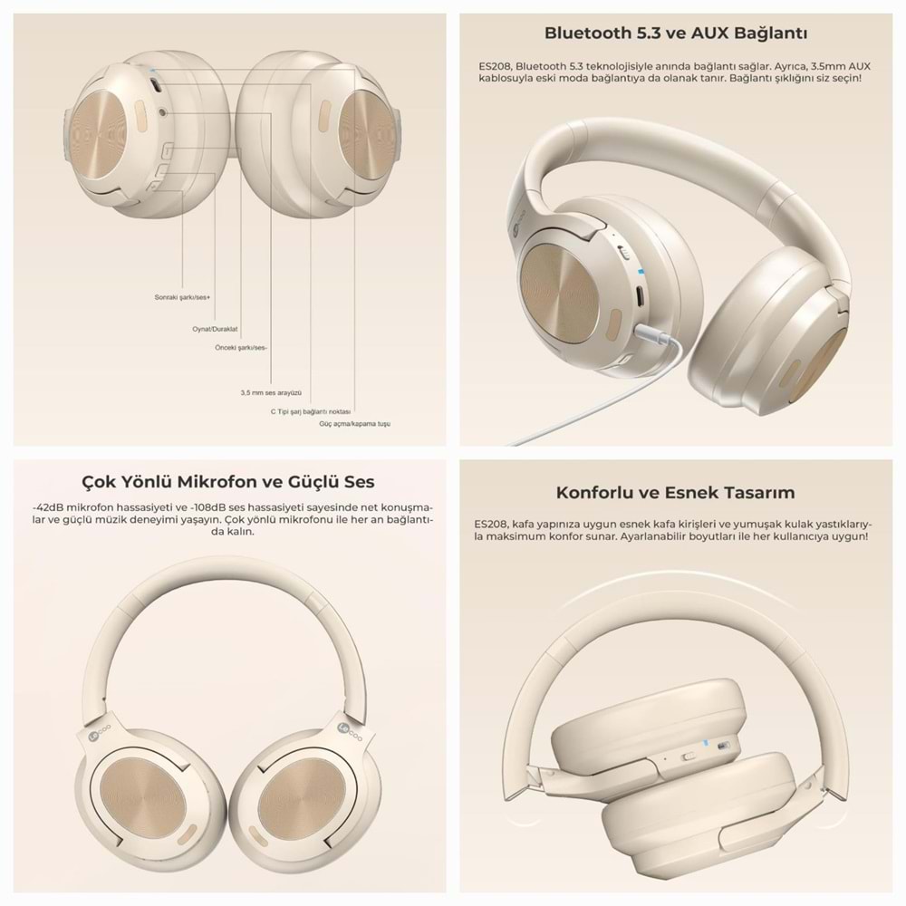 LECOO ES208 BLUETOOTH KABLOSUZ MİKROFONLU KULAKÜSTÜ KULAKLIK KREM
