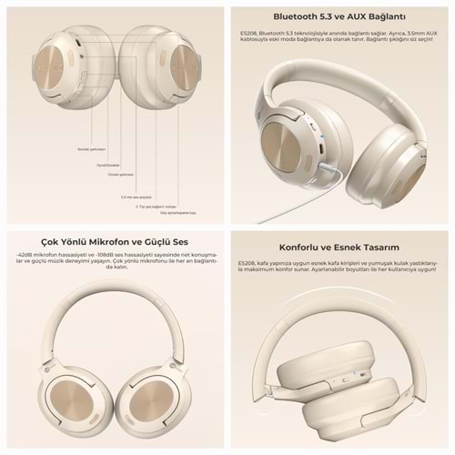 LECOO ES208 BLUETOOTH KABLOSUZ MİKROFONLU KULAKÜSTÜ KULAKLIK KREM