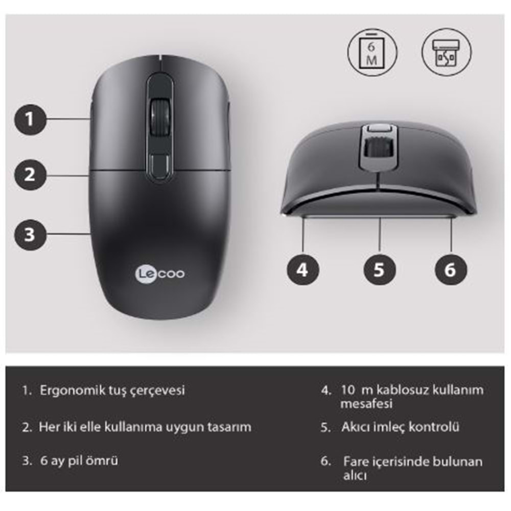 LECOO M2001 SİYAH USB KABLOSUZ MOUSE